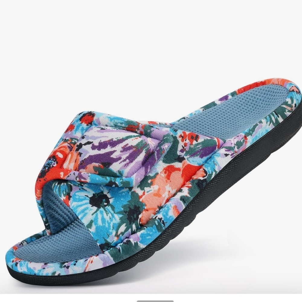 NWOT Shevalues Slippers Arch Support Velcro closure Floral Cotton Waffle SZ 8